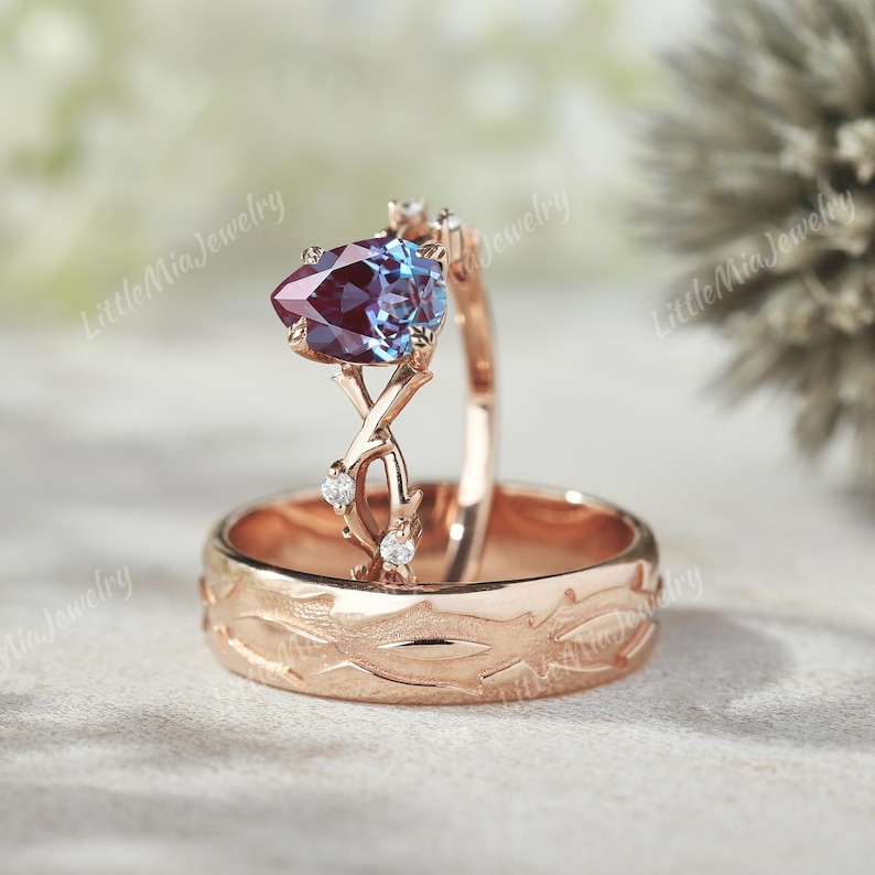 2pcs Alexandrite Couple Rings Rose Gold Moissanite Wedding Ring Set