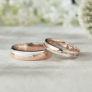 2pcs Two Tone Couple Ring Solid Gold Moissanite Wedding Band Rose Gold Mens Wedding Band Mixed Metals Ring Set For Men and Women Gift
