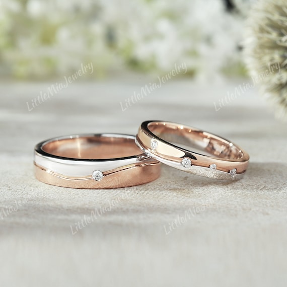 2pcs Two Tone Couple Ring Solid Gold Moissanite Wedding Band Rose Gold Mens  Wedding Band Mixed Metals Ring Set For Men and Women Gift