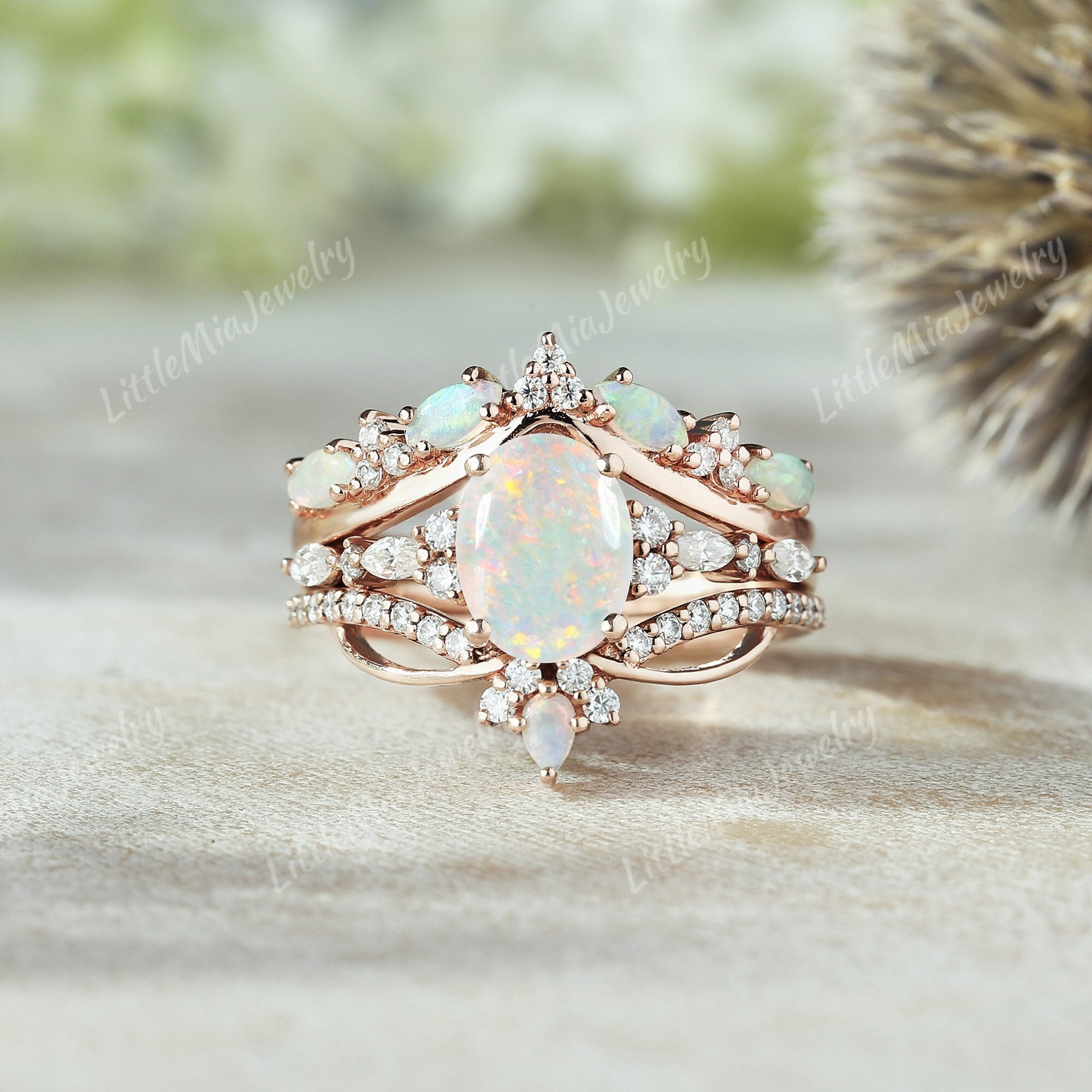 3pc Oval Cut Natural Opal Engagement Ring Set Rose Gold Opal Curved Moissanite Opal Wedding Band Opal Ring Set Women Wedding Ring Set