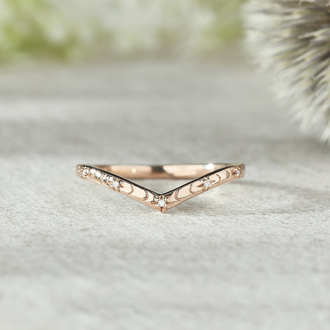 Unique Star Moissanite Curved Wedding Band Rose Gold Art Deco Star ...