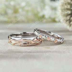 Unique Two Tone Couple Ring White Gold Wedding Band Rose Gold Mens Wedding Band Mixed Metals Ring Set Couple Bridal Ring For Men And Women