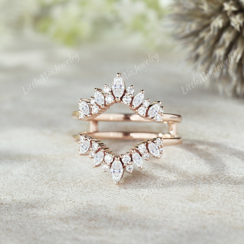 Unique Marquise Moissanite Double Curved Wedding Band Rose Gold ...