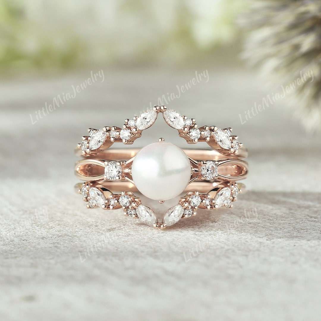 Unique Pearl Rings Unique Akoya Pearl Ring Set Rose Gold Pearl Engagement Ring Set ...