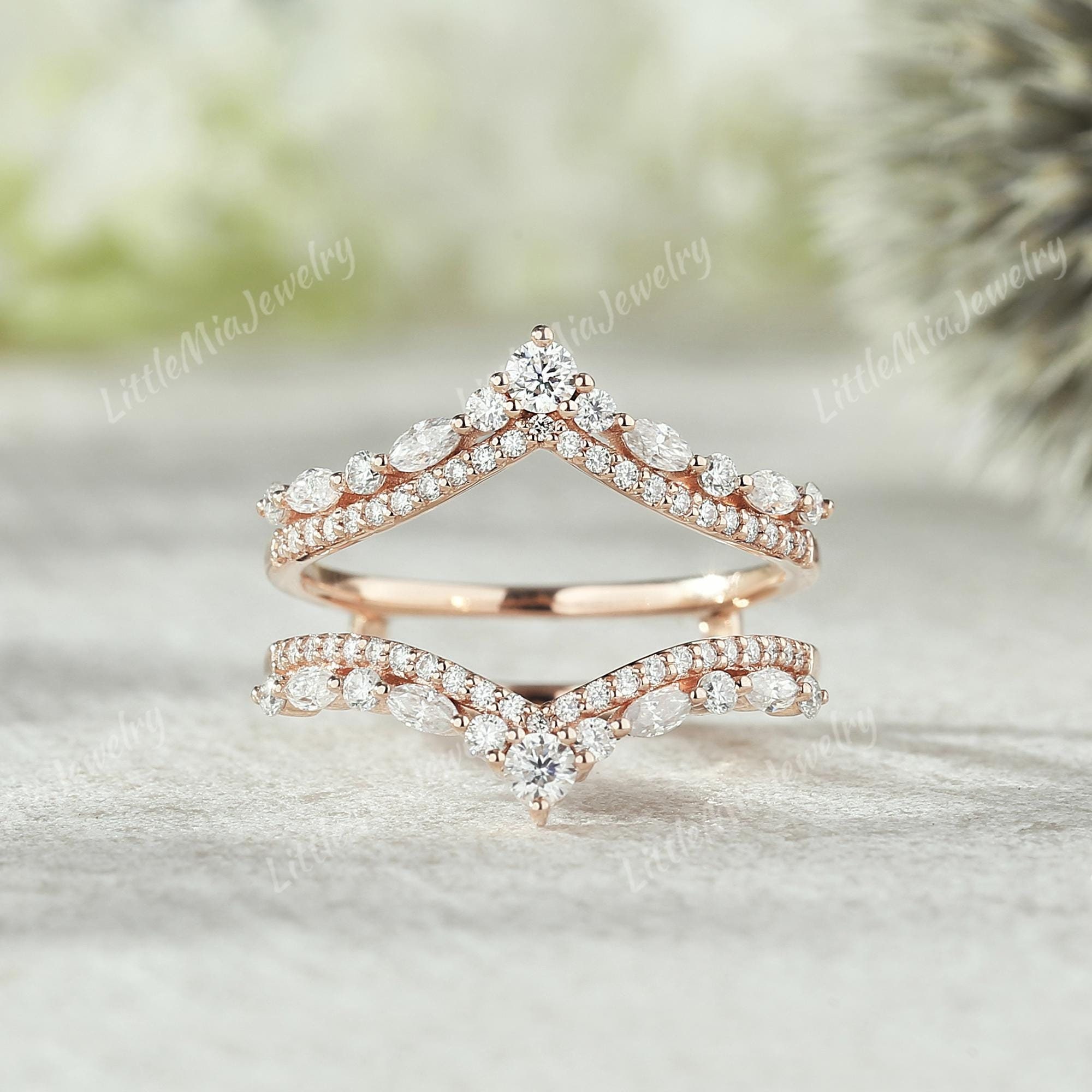 Unique Moissanite Double Curved Wedding Band Rose Gold Moissanite Ring Enhancer Stacking Matching Promise Custom Wedding Rings For Women
