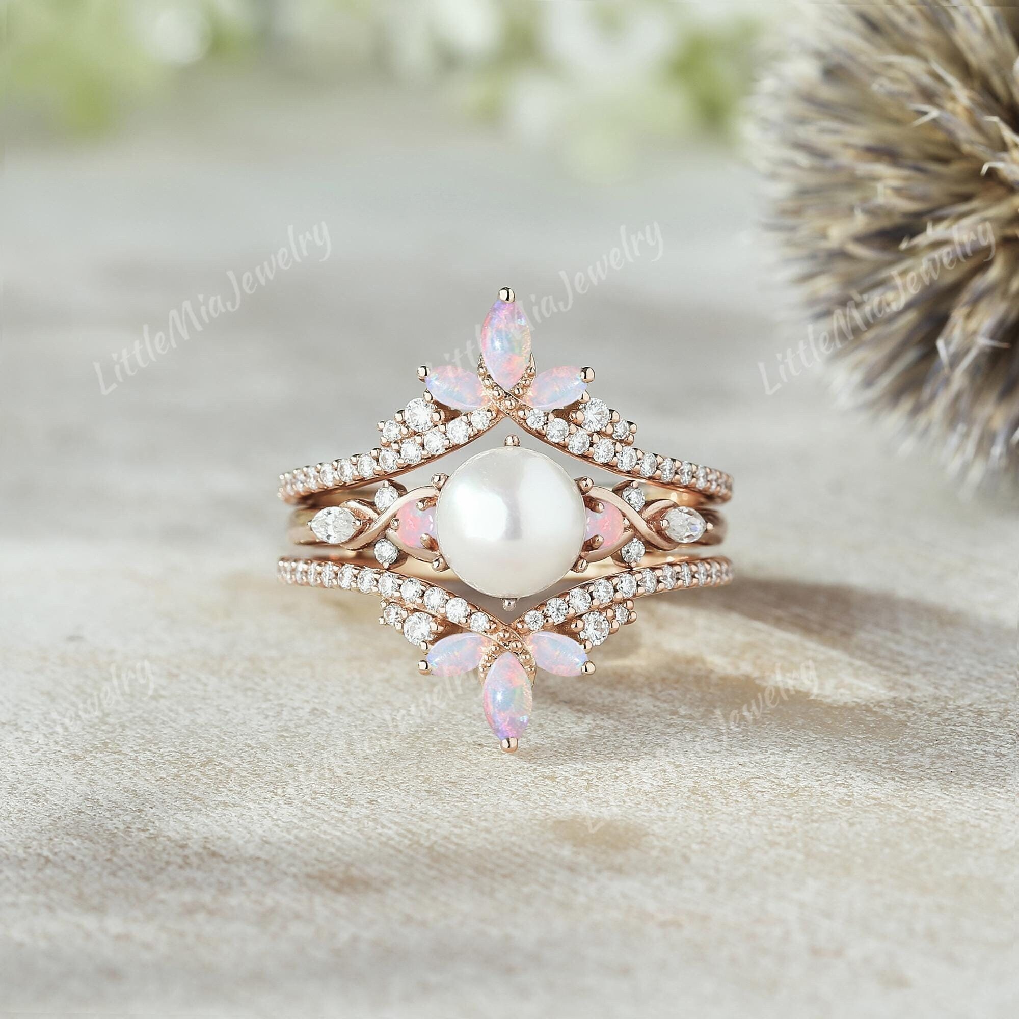 Vintage Akoya Pearl Engagement Ring Set Solid Gold Opal Double Curved Wedding Band Opal Cluster Promise Rings For Women Anniversary Gift