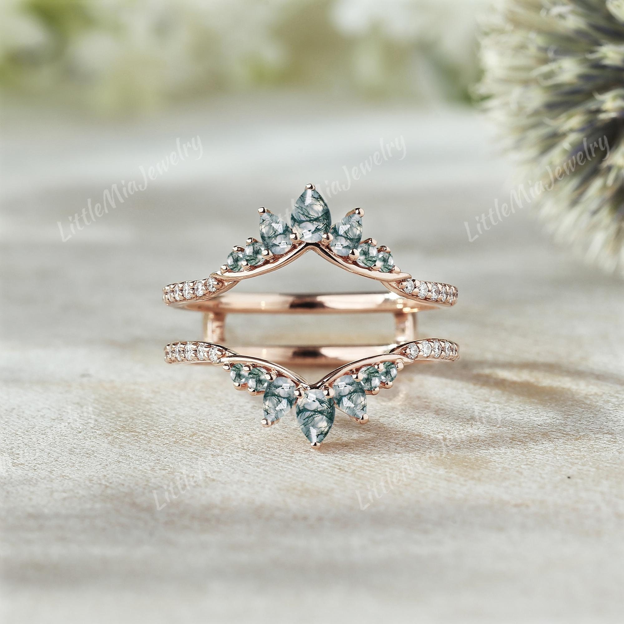 Unique Pear Shape Moss agate Ring Enhancer Rose Gold Ring Jacket Moissanite Curved Wedding Band Handmade Jewelry Personalized Wedding Ring