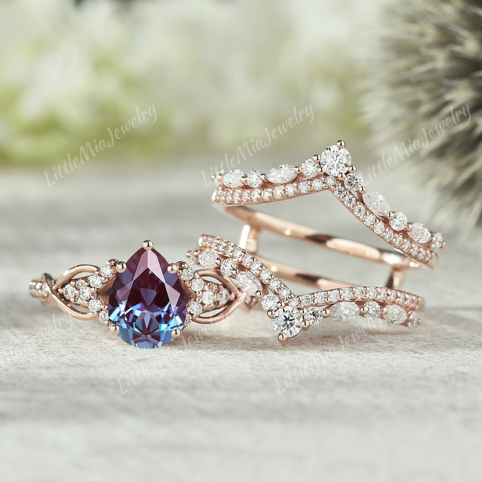 Unique Alexandrite Engagement Ring Set Rose Gold Moissanite Ring ...