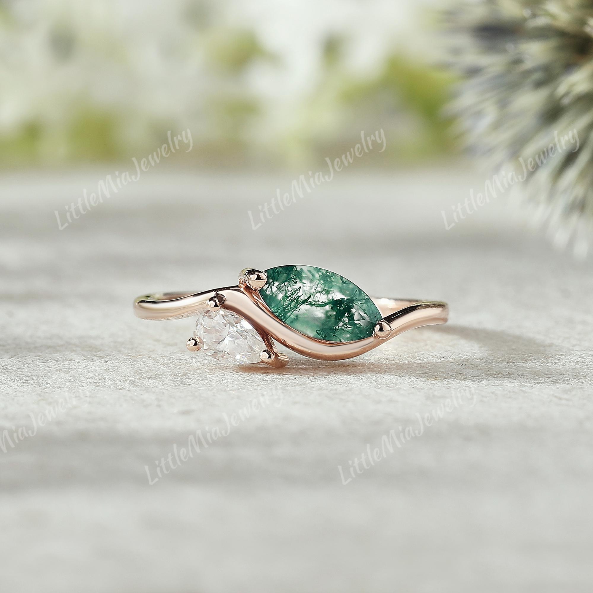 Unieke twee stenen mosagaat verlovingsring roségouden moissaniet ring minimalistische ring trouwring belofte ring verjaardagscadeau voor haar