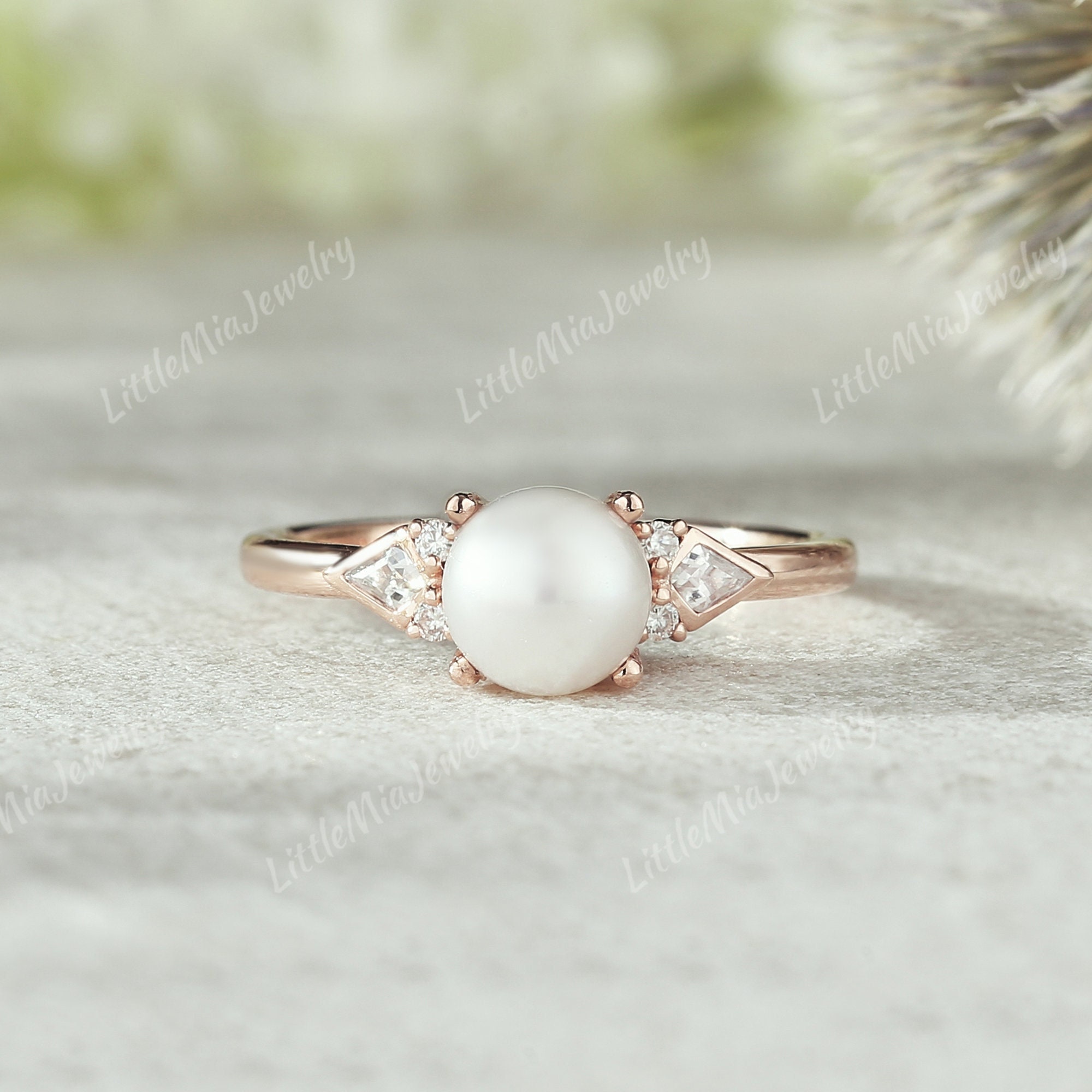 Unique Akoya Pearl Engagement Ring Rose Gold Kite Cut Moissanite Wedding Ring Pearl Promise Anniversary Ring For Women Personalized Jewelry