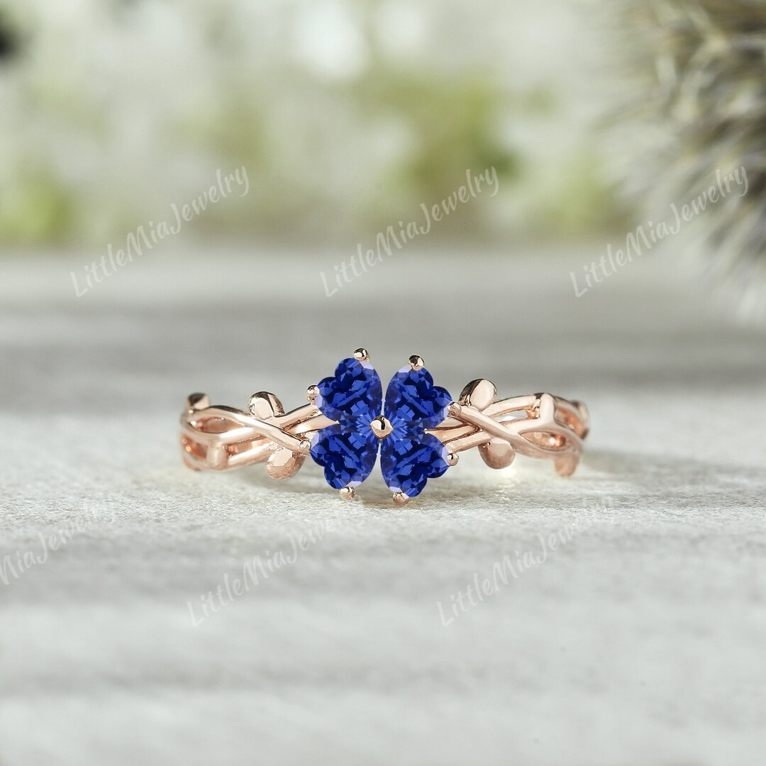 Unique Sapphire Engagement Ring Rose Gold Lucky Clover Sapphire Wedding ...
