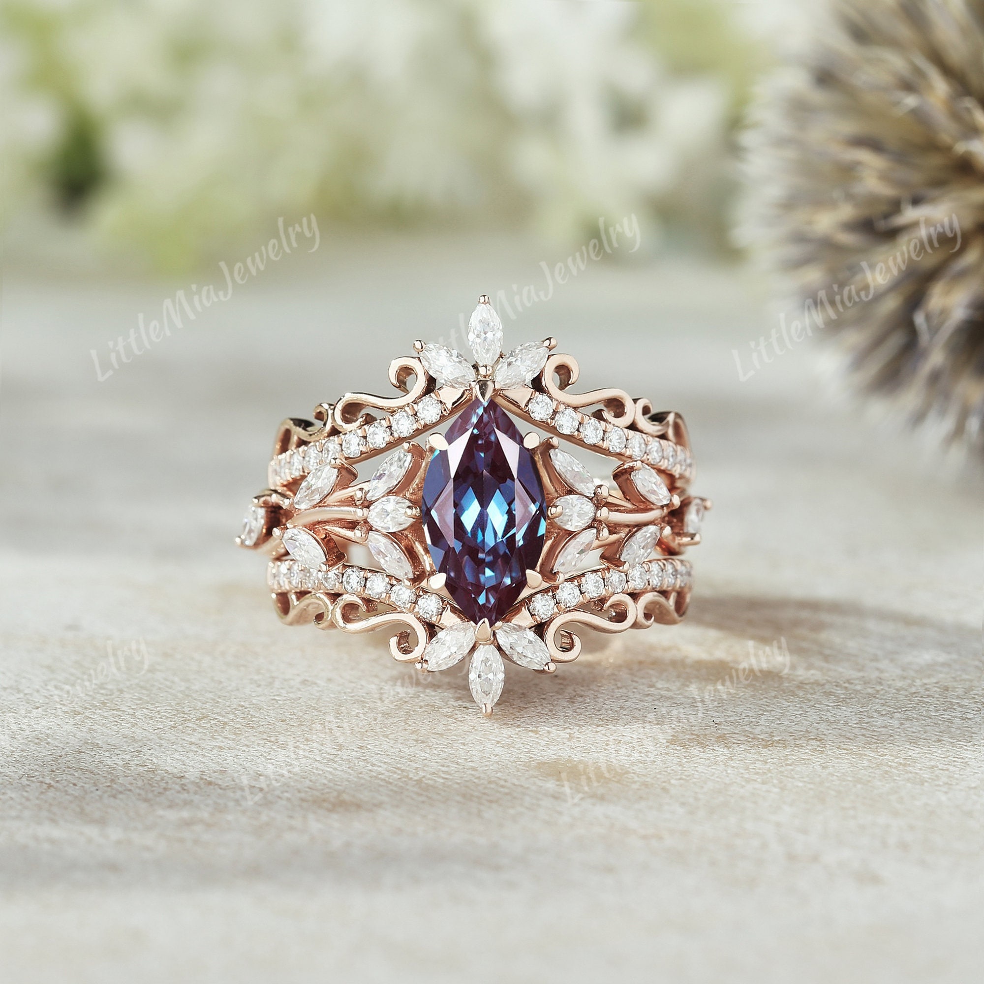 Marquise Cut Alexandrite Engagement Ring Set Solid Gold Moissanite Ring Enhancer Purple Alexandrite Ring Set For Personalized Gift For Her