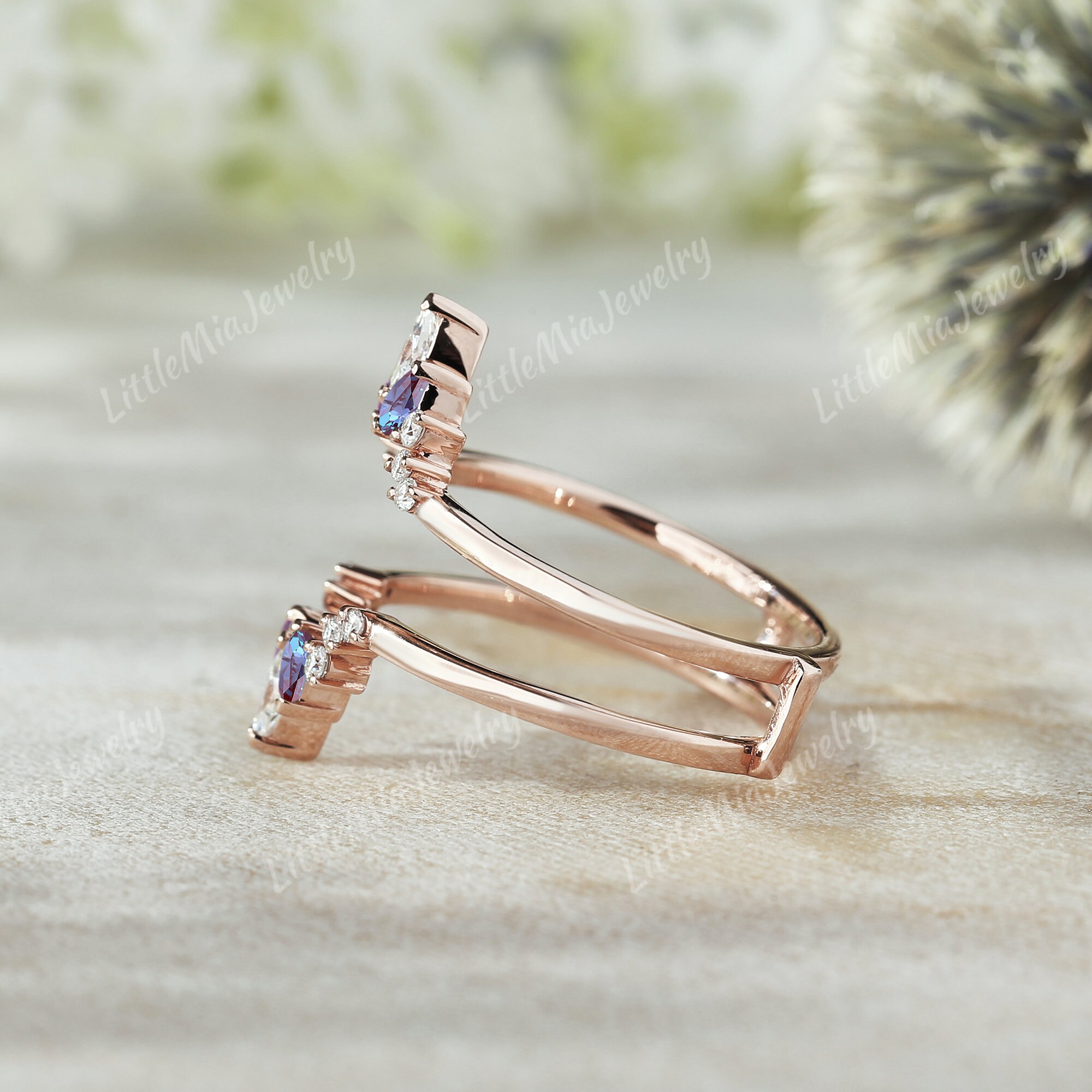 Unique Alexandrite Ring Enhancer Solid Gold Moissanite Double Curved ...