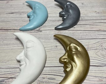 Crescent Moon Wall Decor | Moon Face Wall Art | Boho Gothic Home Decor | Vintage Moon Plaque | Celestial Wall Hanging | Gold Silver White