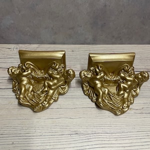 Juego de 2 estantes de pared con querubines dorados / Decoración de pared con ángeles / Estante barroco vintage / Decoración estética para el hogar / Estante pequeño para exhibición