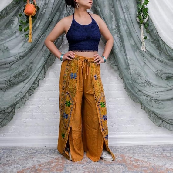 Summer Boho Flowy Wide Leg High Slit Yoga Hippie Dance Bohemian Palazzo  Pants Bottom wear
