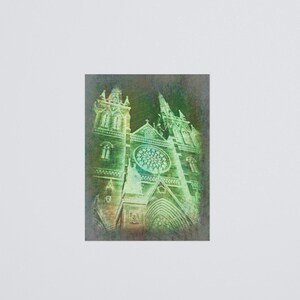Green Tinted Cathedral Wall Art, Vintage Cathedral Illustration, Religious Imagery Artwork, Duotone Church Poster, Building Picture