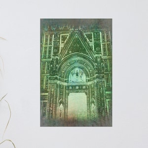 Vintage Cathedral Illustration, Green Church Artwork, Religious Art Print, Cathedral Photograph, Green Tint Art, Cathedral Wall Decor