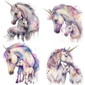 Mom and Baby Unicorn Watercolor, Cute Mother Clipart PNG, Printable Digital Download, Sublimation