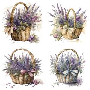 Floral Basket Clipart, Watercolor Lavender Picnic, Sublimation, Flower Basket PNG