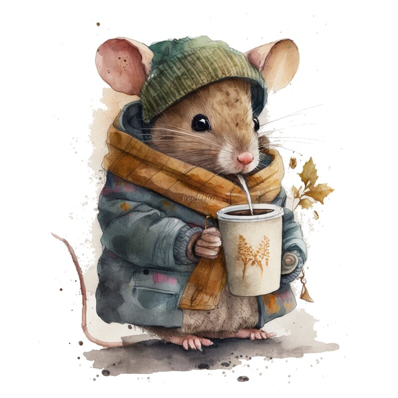 Cold Mouse Clipart Watercolor Mice Drinking Printable Etsy