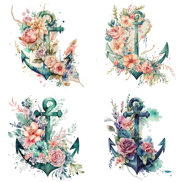 Floral Anchor Clipart, Floral Anchor  Watercolor, Illustration, Floral Anchor  PNG
