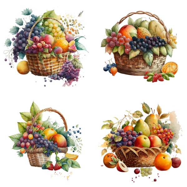 Aquarelle de corbeille de fruits, téléchargements numériques, Clipart de corbeille de fruits, corbeille de fruits PNG, art mural de corbeille de fruits, corbeille de fruits aquarelle