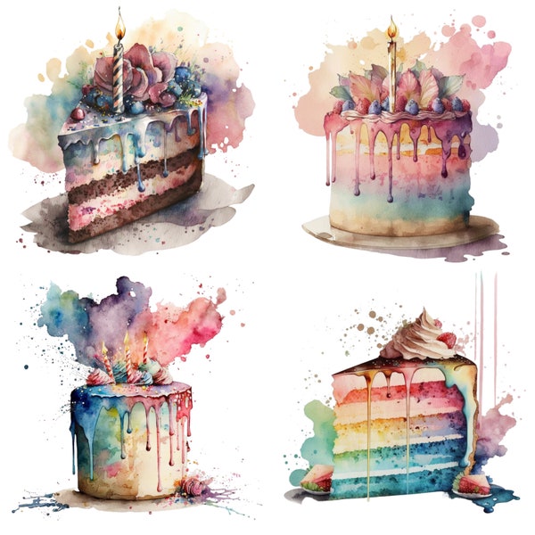 Birthday Cake Watercolor, Digital Downloads, Birthday Cake Clipart,Food Watercolor,Birthday Cake wall art, Birthday Cake prints, Sublimation