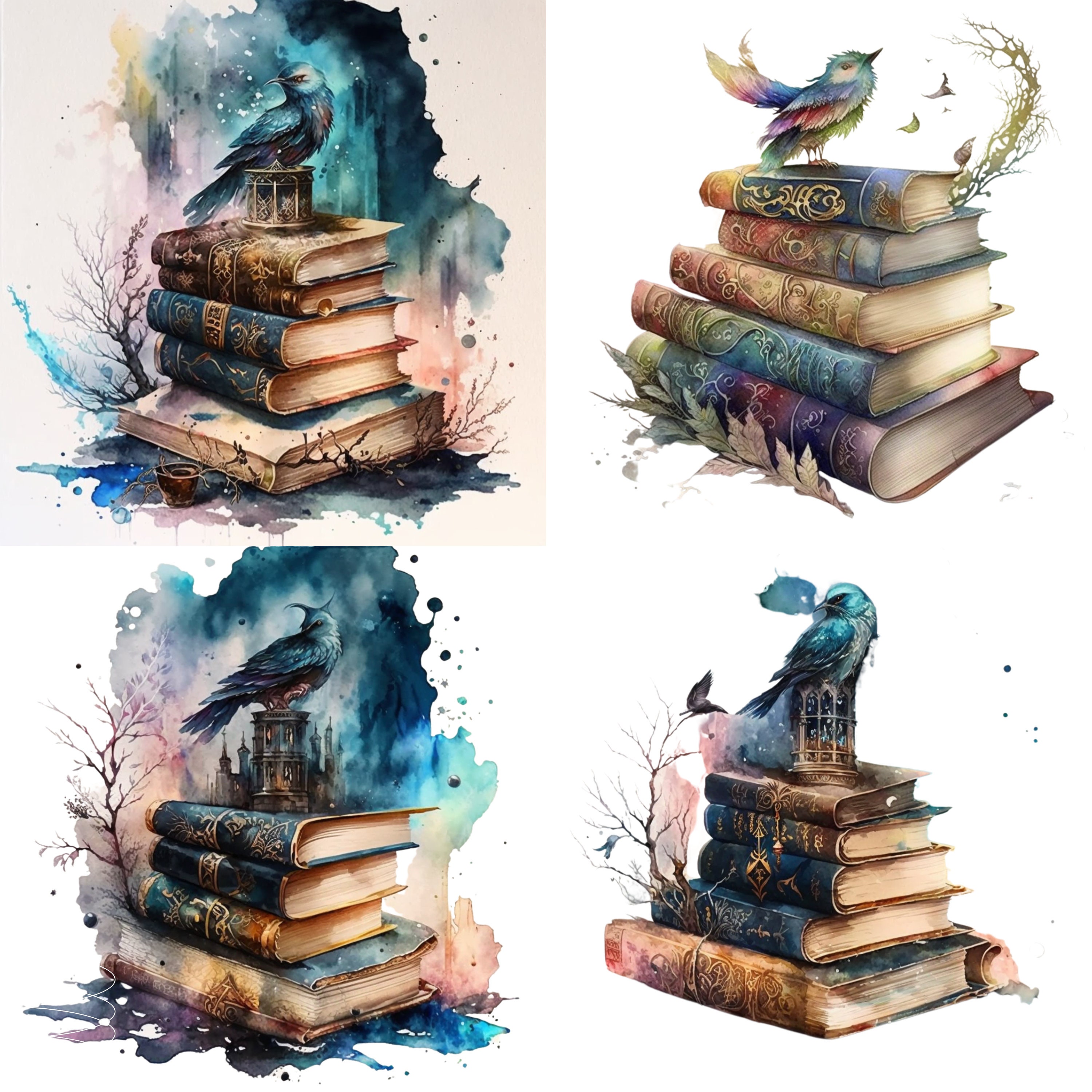 Watercolor colorful books and textbooks. Digital PNG clipart