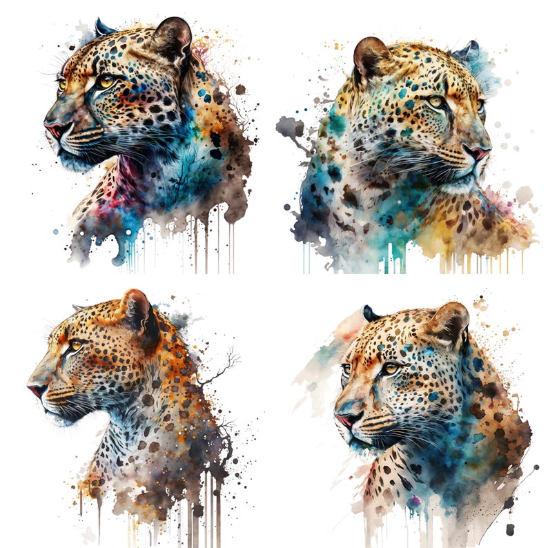 Leopard Watercolor, Digital Downloads, Leopard Clipart, Leopard PNG, Leopard wall art, Safari prints, Sublimation image 1