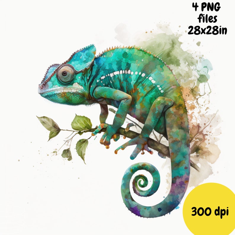 Chameleon Watercolor, Digital Downloads, Chameleon Clipart, Chameleon PNG, Chameleon wall art, Safari prints, Sublimation image 4