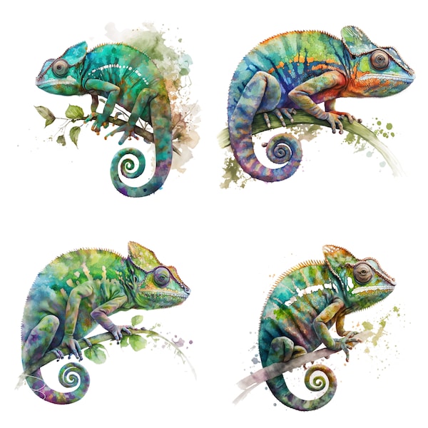 Chameleon Watercolor, Digital Downloads, Chameleon Clipart, Chameleon PNG, Chameleon wall art, Safari prints, Sublimation