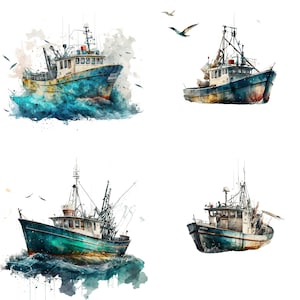 Watercolor Fishing Boat, Fishing Boat Clipart, Fishing Boat PNG, Digital Download, Card Making, Sublimation, Scrapbooking, Journaling