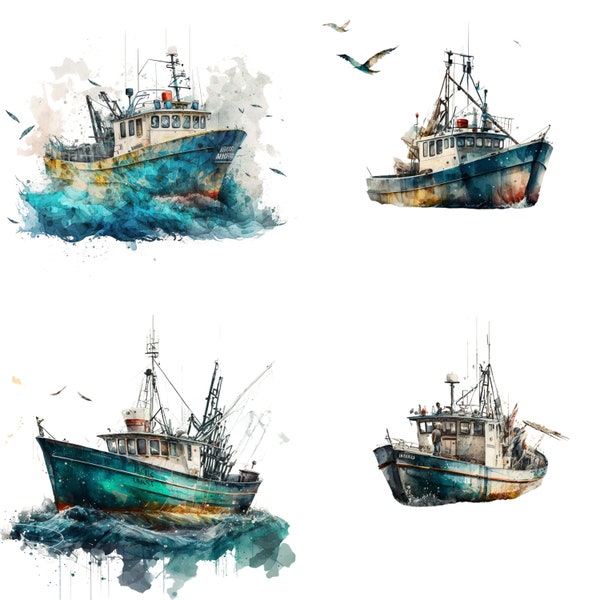 Watercolor Fishing Boat, Fishing Boat Clipart, Fishing Boat PNG, Digital Download, Card Making, Sublimation, Scrapbooking, Journaling