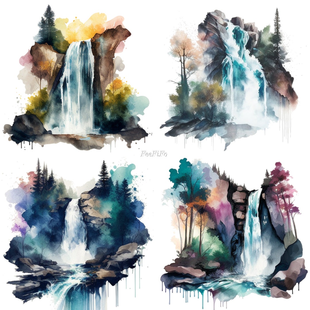 Waterfall Clipart, Waterfall PNG, Digital Watercolor, Summer Mountains ...