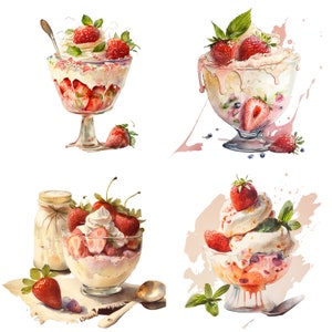 Strawberries and Cream Watercolor, Digital Downloads, Strawberries and Cream Clipart, Strawberries and Cream PNG, Strawberries and Cream