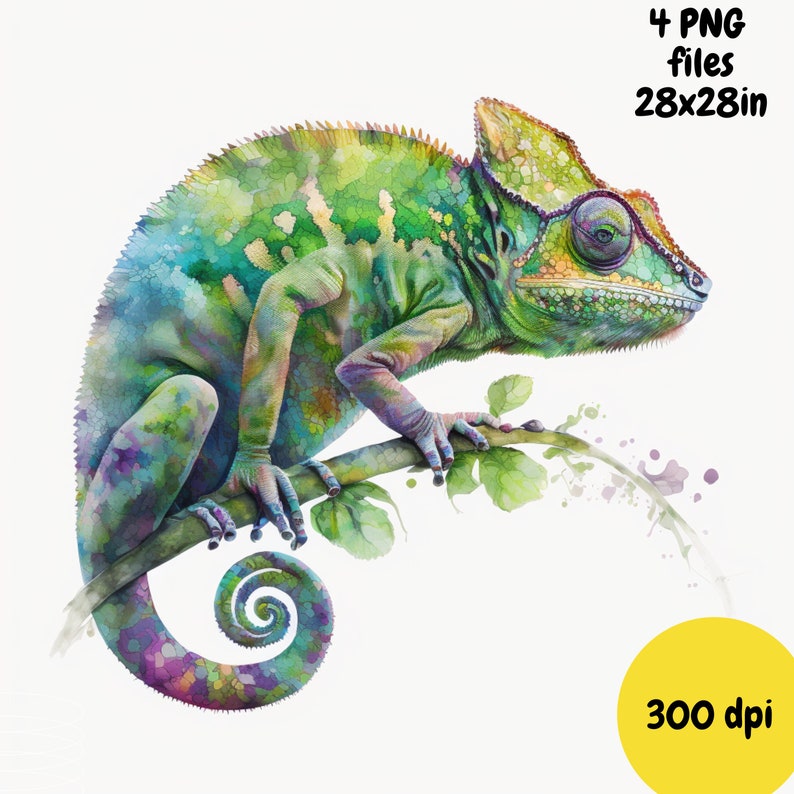 Chameleon Watercolor, Digital Downloads, Chameleon Clipart, Chameleon PNG, Chameleon wall art, Safari prints, Sublimation image 6