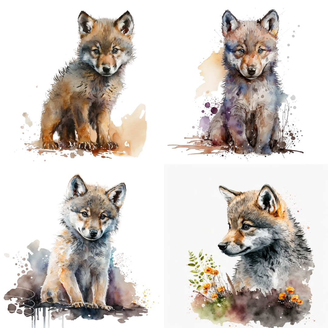 Baby Wolf,baby Wolf Clipart, Watercolor Woodland Animal, Nursery