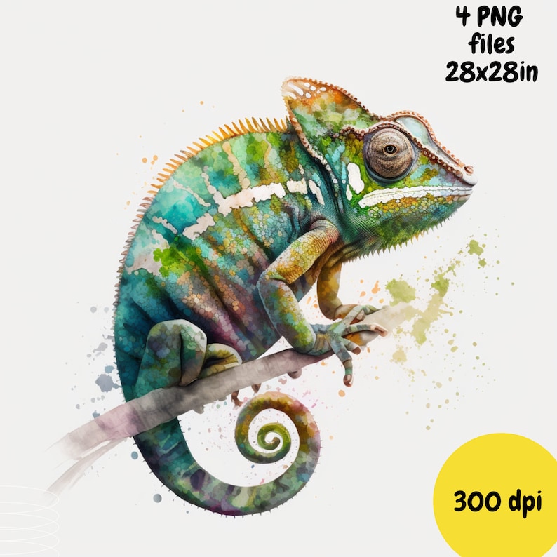 Chameleon Watercolor, Digital Downloads, Chameleon Clipart, Chameleon PNG, Chameleon wall art, Safari prints, Sublimation image 5