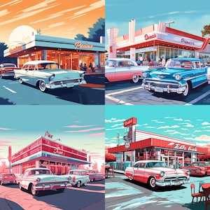 Retro Digital Art, Vintage Illustration of Classic 1950s Diner with Colorful Cars, Ideal for Wall Decor