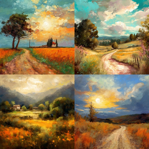 a Mesmerizing Landscape with Depth,Modern Art, Set of 4 PNGs, Impasto Technique