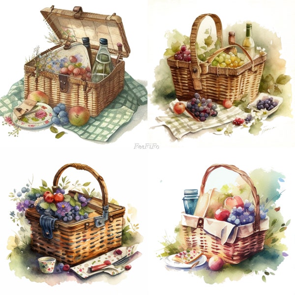 Picnic Basket Clipart Watercolor Lavender Picnic Sublimation PNG