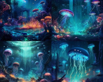 Calming Underwater Scene with Bioluminescent Creatures, Inspiring Relaxation and Wonder