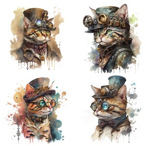 Watercolor Steampunk Cat, Steampunk Cat Clipart, Watercolor Kitten, Sublimation, Steampunk Cat PNG