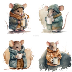 Cold Mouse Clipart, Watercolor Mice Drinking, Printable Digital Download, Sublimation PNG, Funny Mouse, Mouse Drinking Coffee