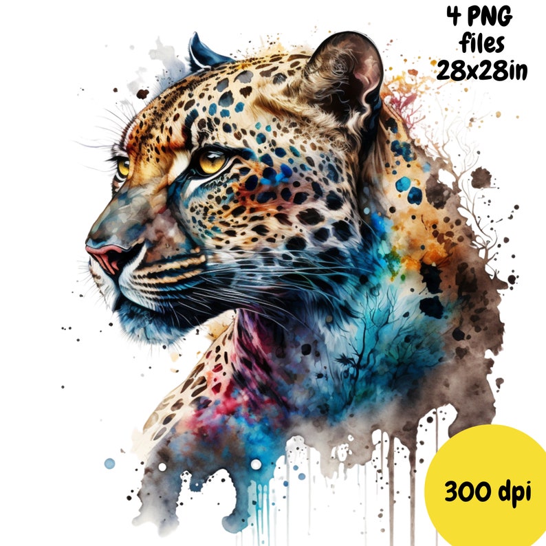 Leopard Watercolor, Digital Downloads, Leopard Clipart, Leopard PNG, Leopard wall art, Safari prints, Sublimation image 4