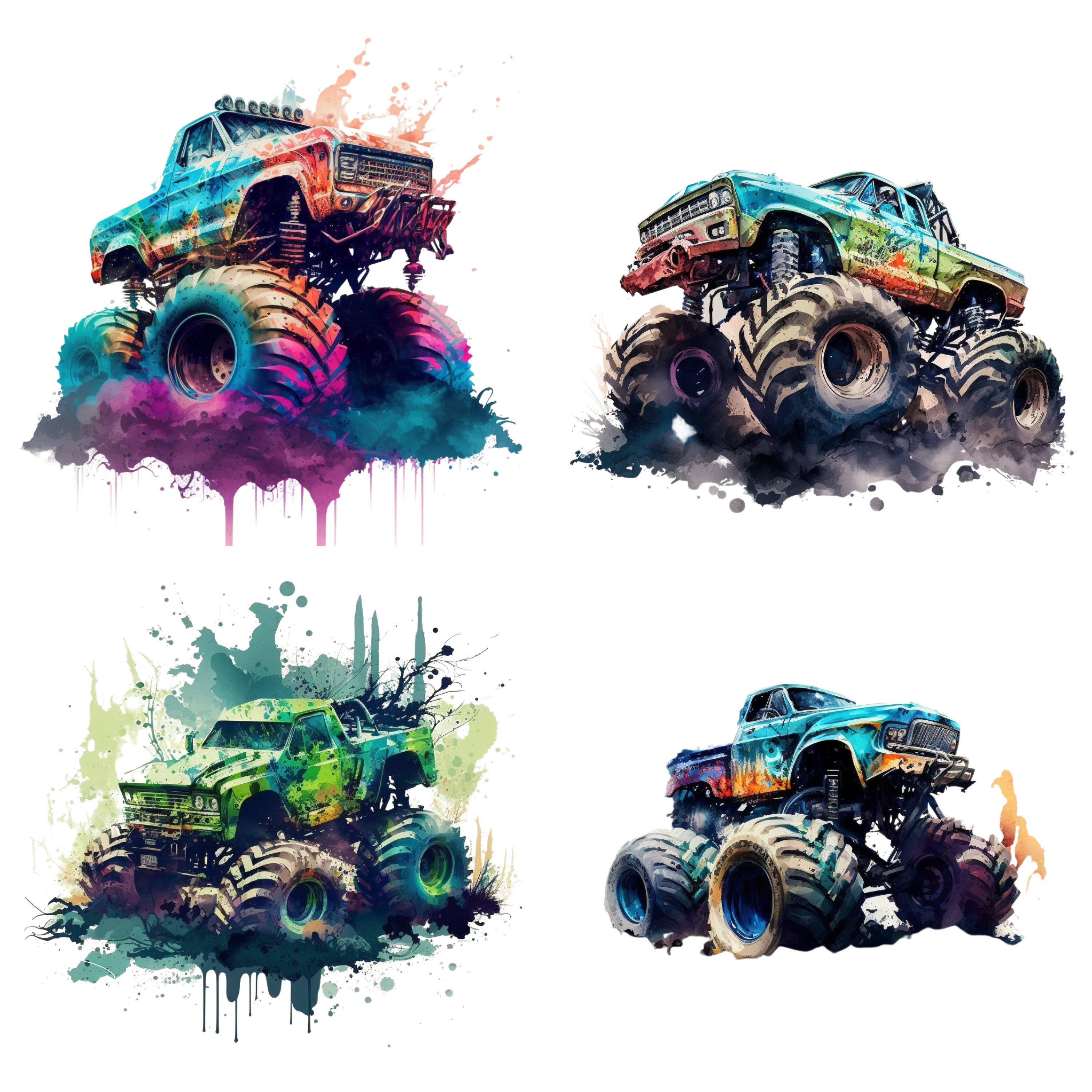 Monster Trucks Como Brinquedos Para Crianças Conjunto Ilustrações