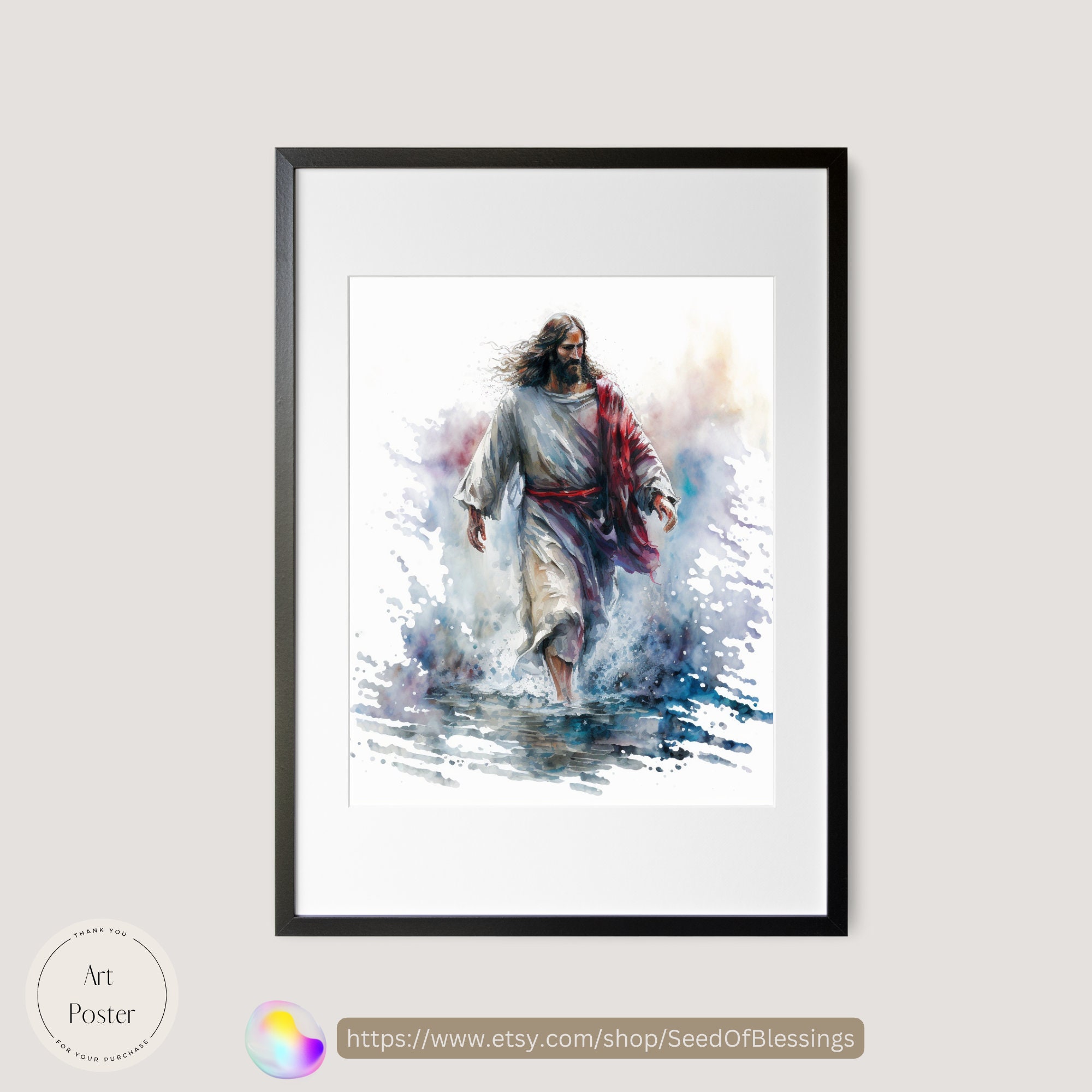 Jesus Walking on Water Portrait Christian Art Religious Wall Decor