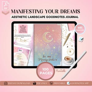 Könnte beinhalten: Digitales Journal mit dem Text "Manifesting Your Dreams" und "Aesthetic Landscape Goodnotes Journal." Das Cover zeigt einen Mond, Kristalle und die Worte "In my Manifestation." Enthält 100 Seiten und 681 Hyperlinks.
