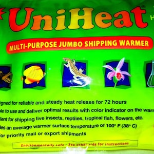 May include: Green and red UniHeat Multi-Purpose Jumbo Shipping Warmer with a 72+ hours of warmth guarantee. The package features illustrations of a bee, a fish, a lizard, a flower, and a bottle.